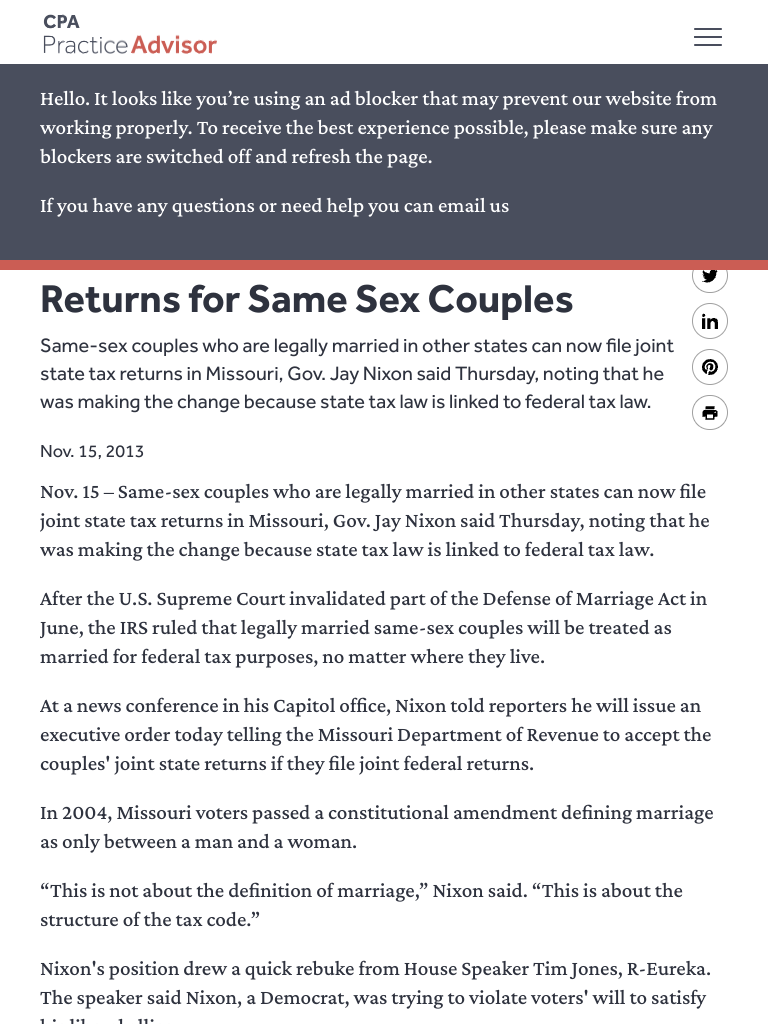 Missouri Will Allow Joint Tax Returns for Same Sex Couples