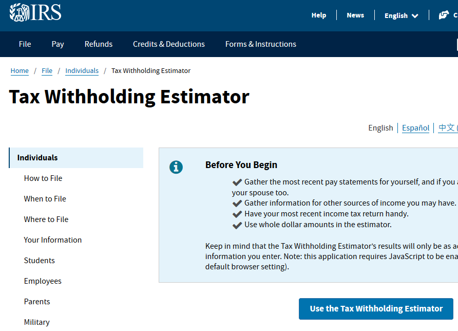 IRS WIthholding Calculator 2020