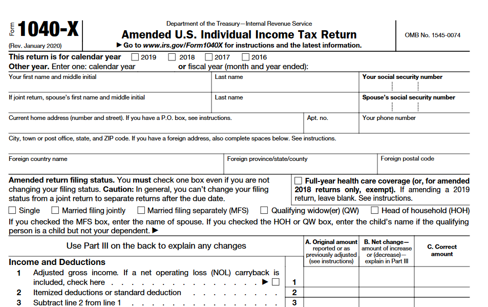 1040 X Tax Form IRS 2020